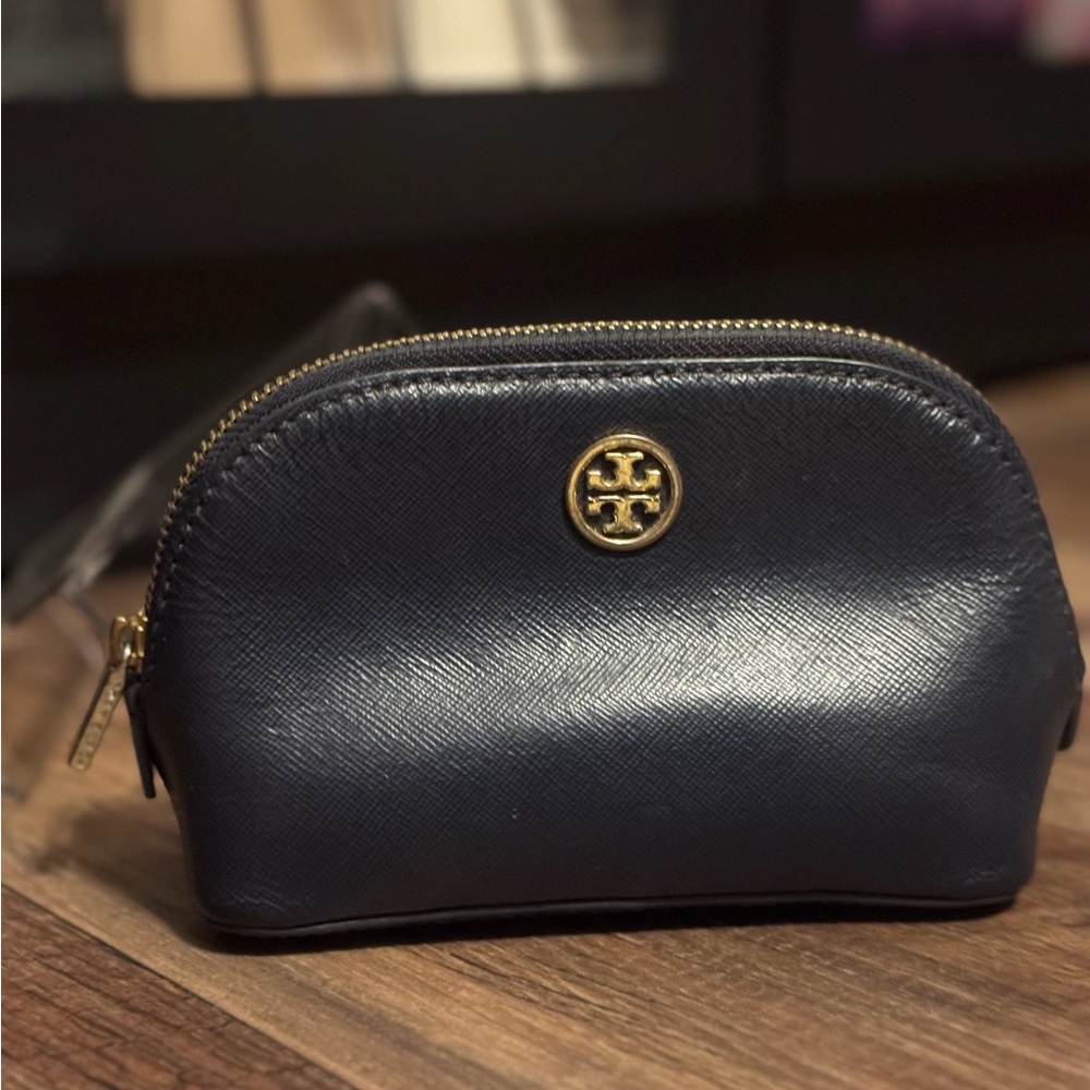 Tory Burch Robinson Navy Leather Cosmetic Pouch with Gold Accent
